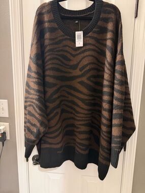 torrid Vegan Cashmere Brown and Black Zebra-Print Crewneck Sweater